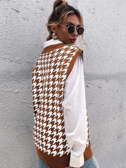 New loose houndstooth v-neck knitted vest-chiquechics