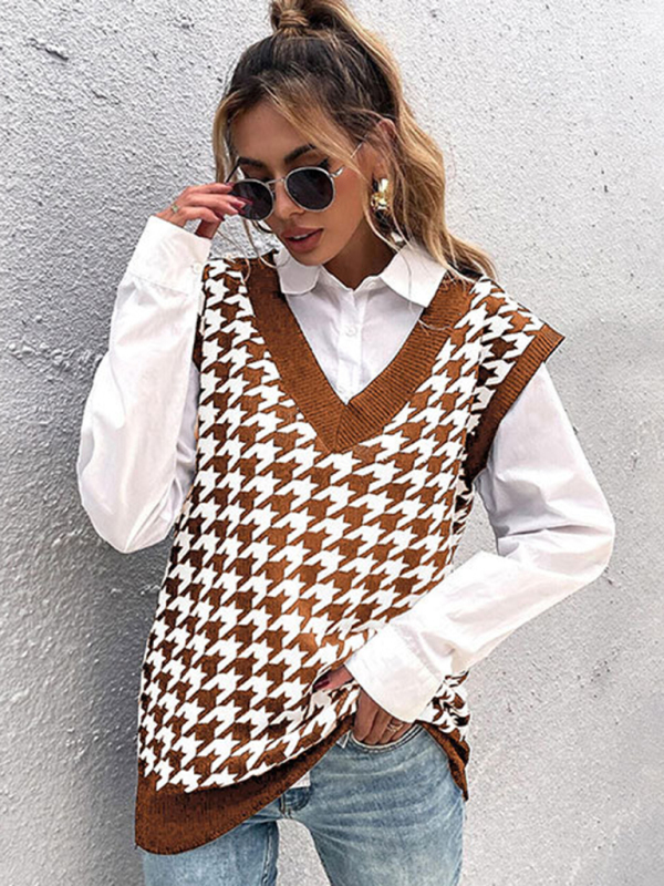 New loose houndstooth v-neck knitted vest-chiquechics