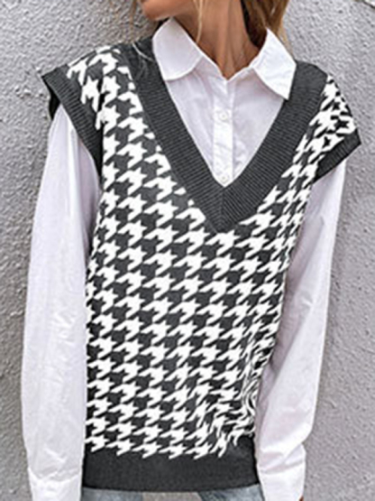 New loose houndstooth v-neck knitted vest-chiquechics