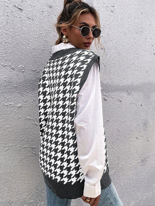 New loose houndstooth v-neck knitted vest-chiquechics