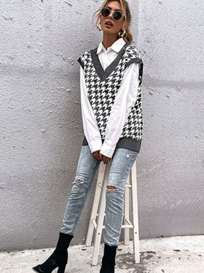 New loose houndstooth v-neck knitted vest-chiquechics