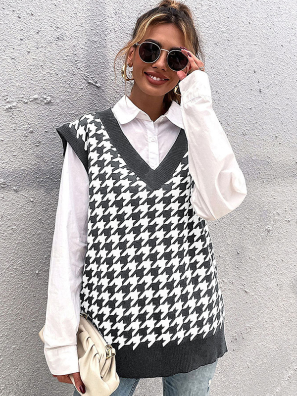 New loose houndstooth v-neck knitted vest-chiquechics