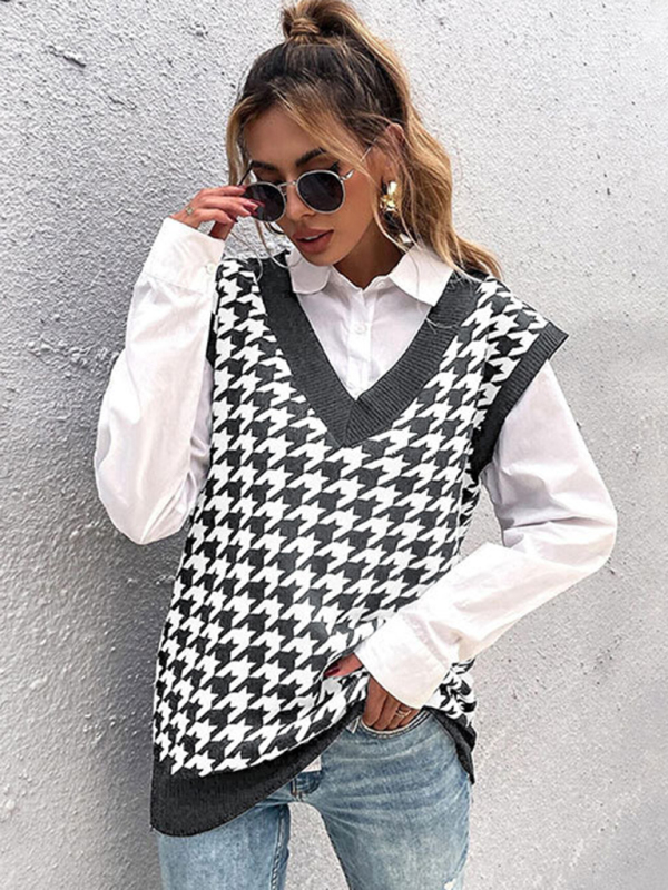 New loose houndstooth v-neck knitted vest-chiquechics