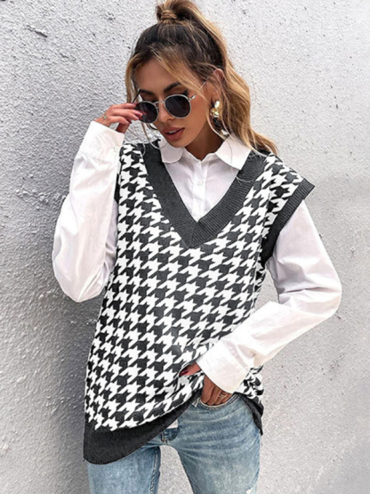 New loose houndstooth v-neck knitted vest-chiquechics