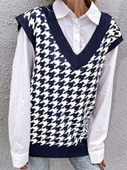New loose houndstooth v-neck knitted vest-chiquechics