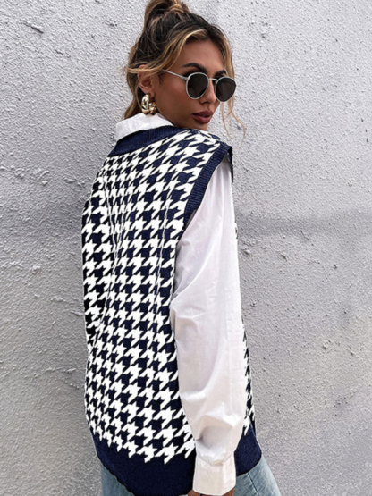 New loose houndstooth v-neck knitted vest-chiquechics