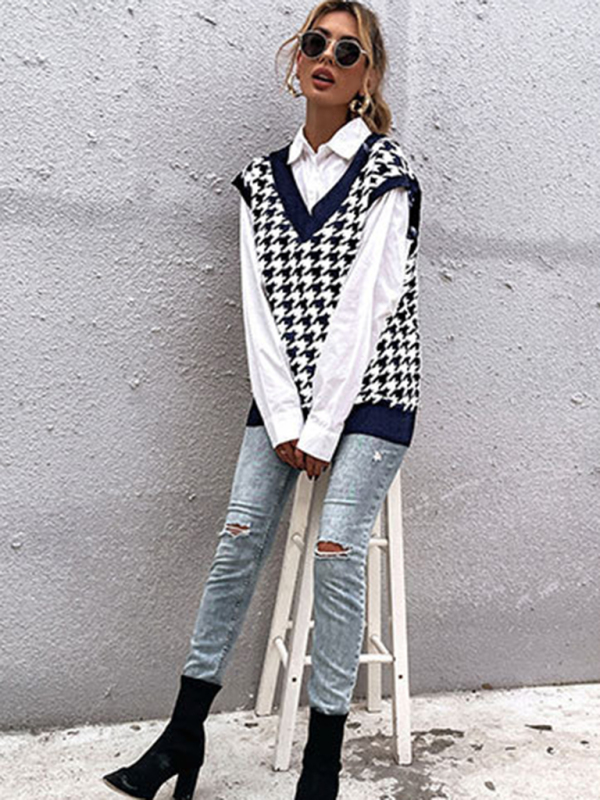 New loose houndstooth v-neck knitted vest-chiquechics