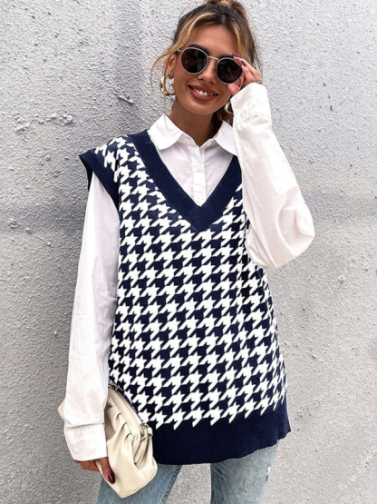 New loose houndstooth v-neck knitted vest-chiquechics