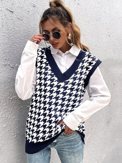 New loose houndstooth v-neck knitted vest-chiquechics