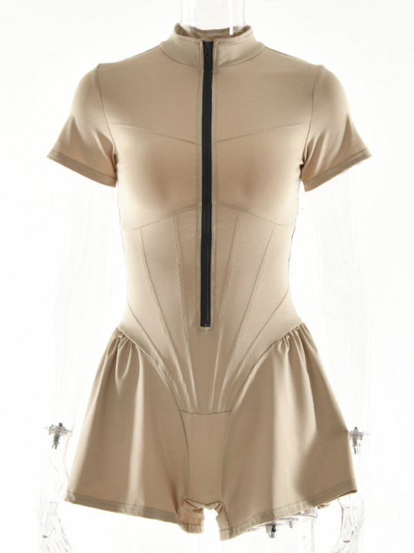 Sexy tight skirt short sleeve zipper bottoming jumpsuit-chiquechics