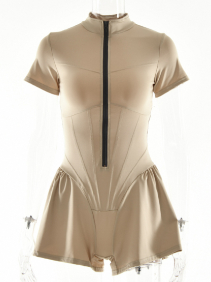 Sexy tight skirt short sleeve zipper bottoming jumpsuit-chiquechics