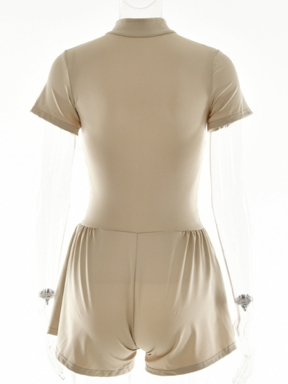 Sexy tight skirt short sleeve zipper bottoming jumpsuit-chiquechics