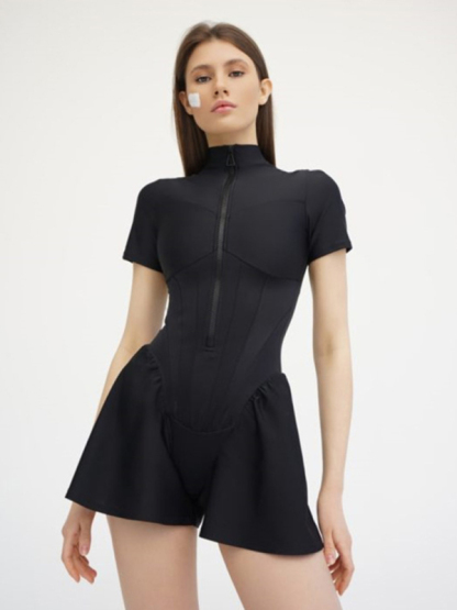 Sexy tight skirt short sleeve zipper bottoming jumpsuit-chiquechics