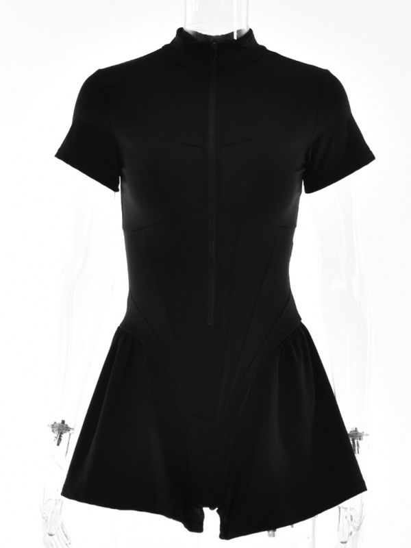 Sexy tight skirt short sleeve zipper bottoming jumpsuit-chiquechics