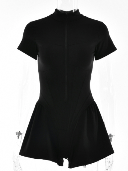 Sexy tight skirt short sleeve zipper bottoming jumpsuit-chiquechics