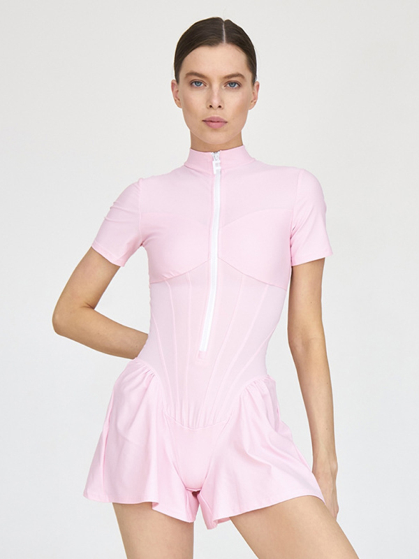 Sexy tight skirt short sleeve zipper bottoming jumpsuit-chiquechics