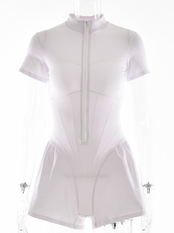 Sexy tight skirt short sleeve zipper bottoming jumpsuit-chiquechics