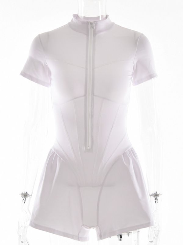 Sexy tight skirt short sleeve zipper bottoming jumpsuit-chiquechics