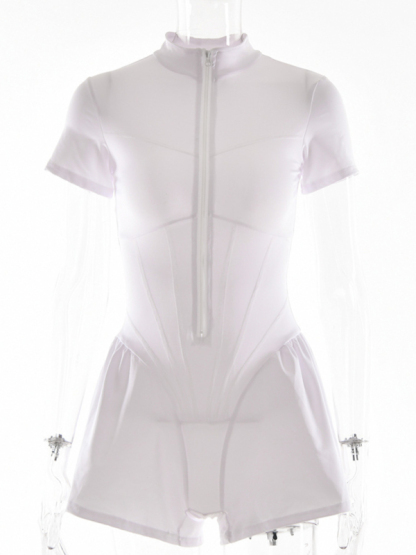 Sexy tight skirt short sleeve zipper bottoming jumpsuit-chiquechics