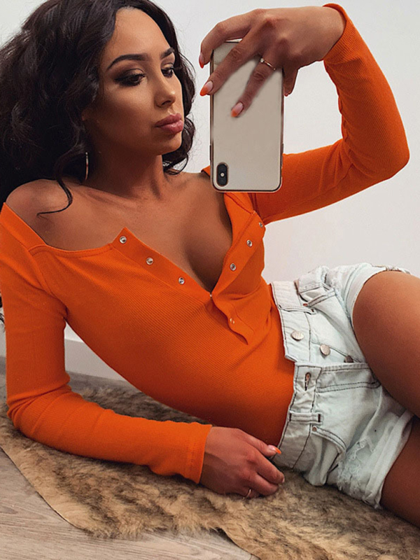 Sexy Tight Casual Buttoned Long Sleeve bodysuit-chiquechics