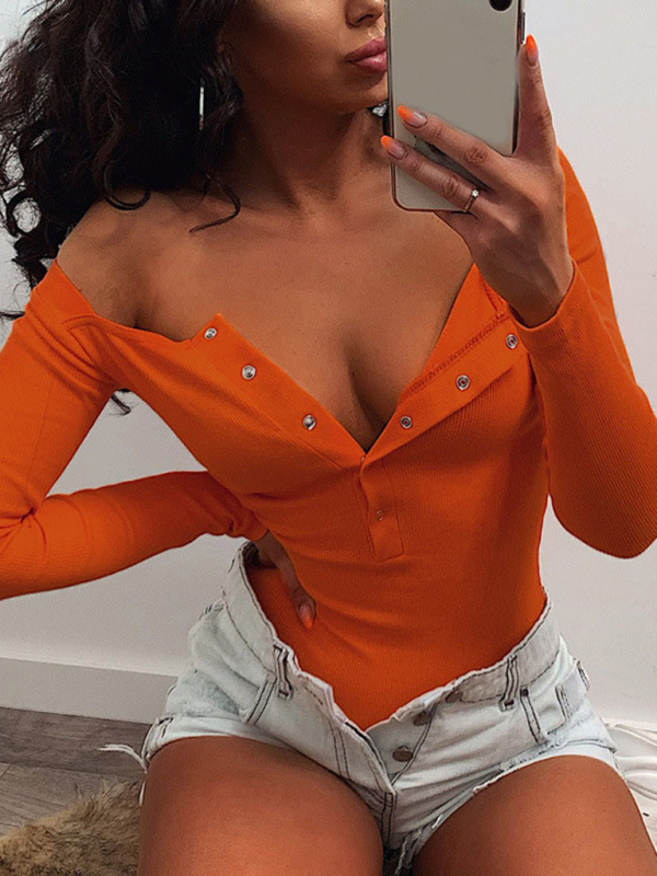 Sexy Tight Casual Buttoned Long Sleeve bodysuit-chiquechics