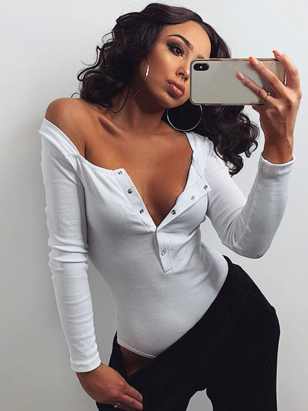 Sexy Tight Casual Buttoned Long Sleeve bodysuit-chiquechics