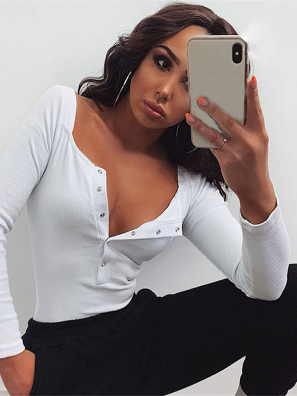 Sexy Tight Casual Buttoned Long Sleeve bodysuit-chiquechics