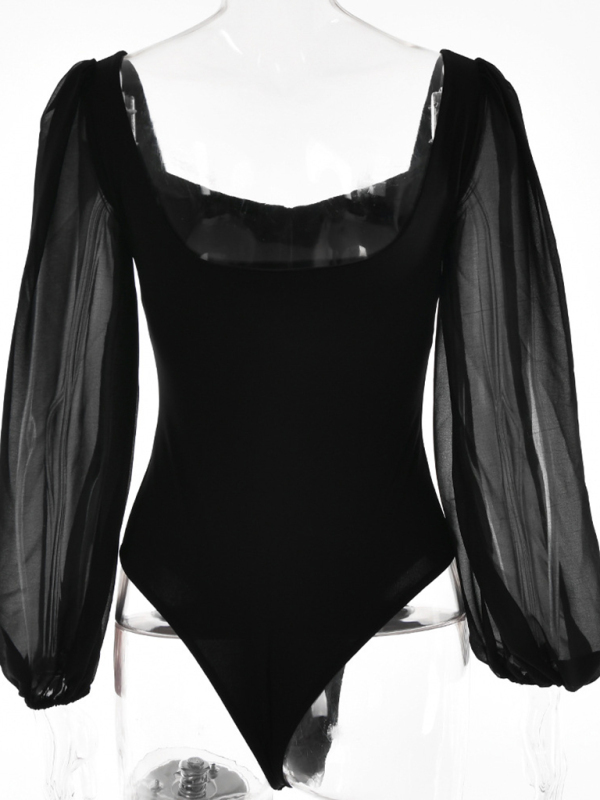Square neck sexy backless long sleeve bodysuit