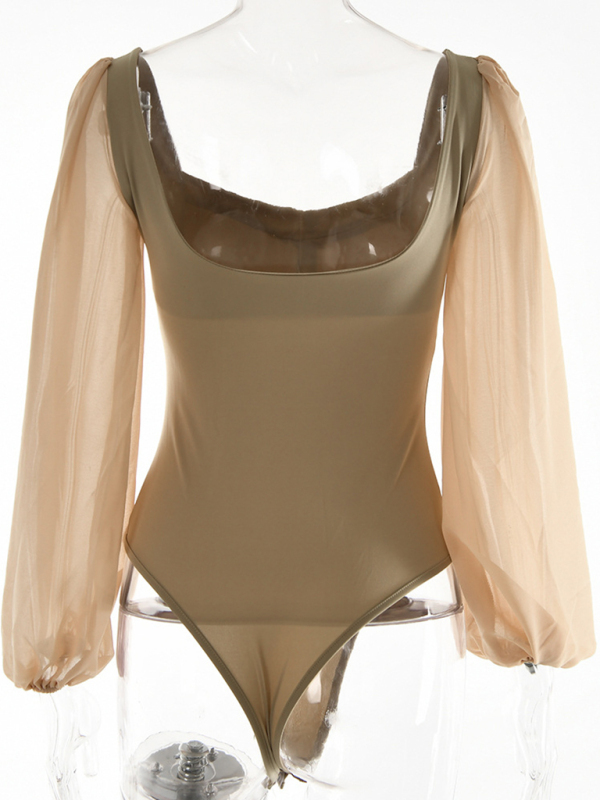 Square neck sexy backless long sleeve bodysuit