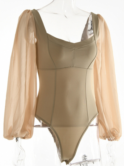 Square neck sexy backless long sleeve bodysuit
