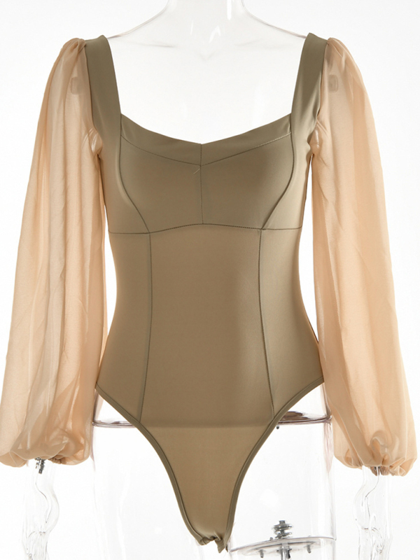 Square neck sexy backless long sleeve bodysuit