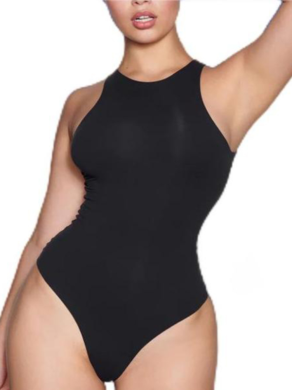 Round neck sleeveless high elastic fabric bodysuit-chiquechics