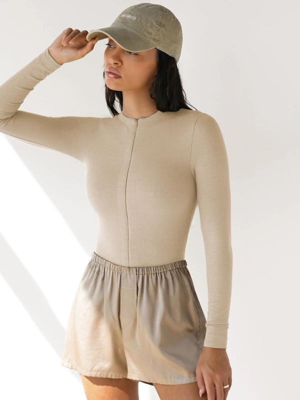 Zippered placket sexy long sleeves bodysuit-chiquechics