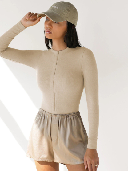 Zippered placket sexy long sleeves bodysuit-chiquechics