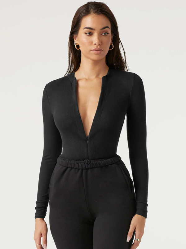 Zippered placket sexy long sleeves bodysuit-chiquechics