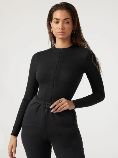 Zippered placket sexy long sleeves bodysuit-chiquechics