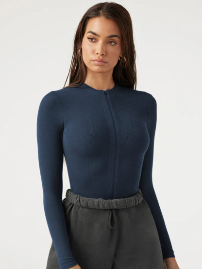 Zippered placket sexy long sleeves bodysuit-chiquechics