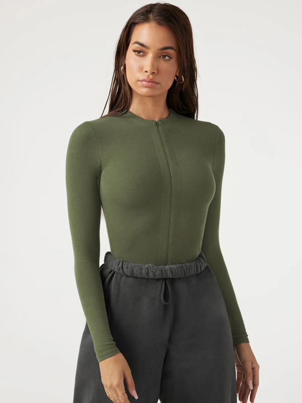 Zippered placket sexy long sleeves bodysuit-chiquechics