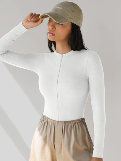 Zippered placket sexy long sleeves bodysuit-chiquechics