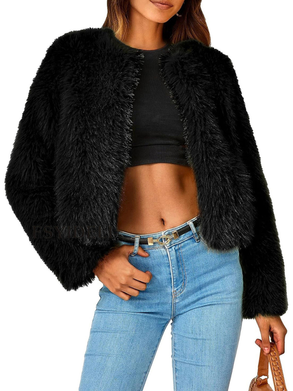 Women's New Furry Multicolor Collarless Top Short Jacket-chiquechics