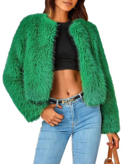 Women's New Furry Multicolor Collarless Top Short Jacket-chiquechics