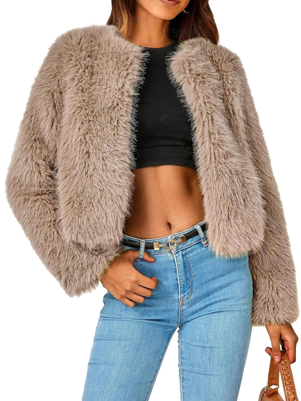 Women's New Furry Multicolor Collarless Top Short Jacket-chiquechics