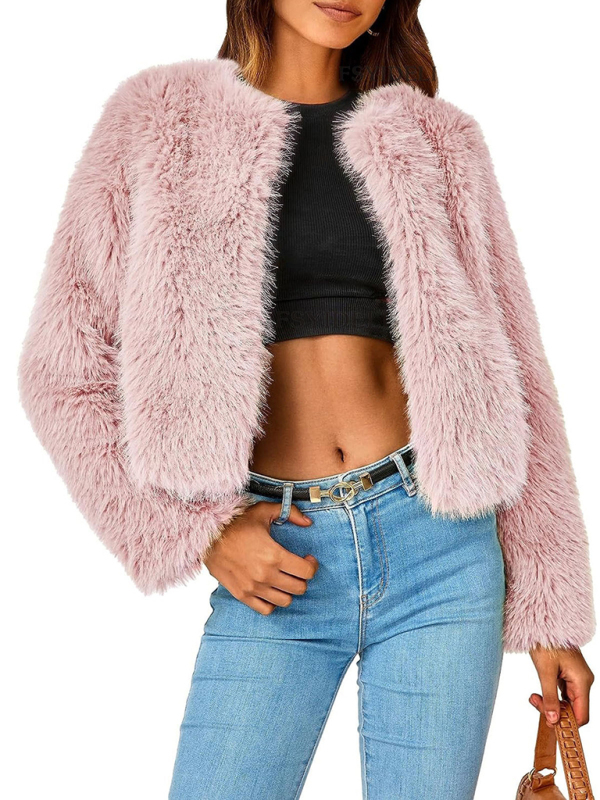 Women's New Furry Multicolor Collarless Top Short Jacket-chiquechics