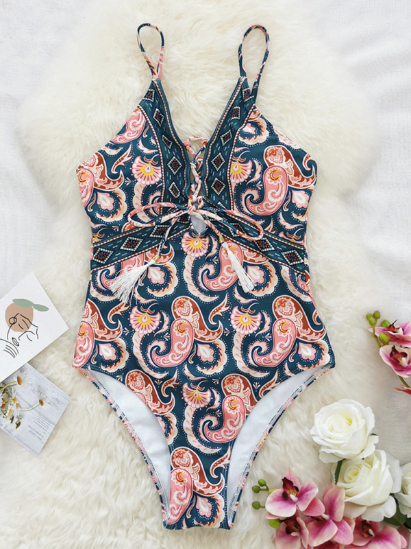 New deep V strappy one-piece swimsuit cashew flower print triangle one-piece swimsuit-chiquechics