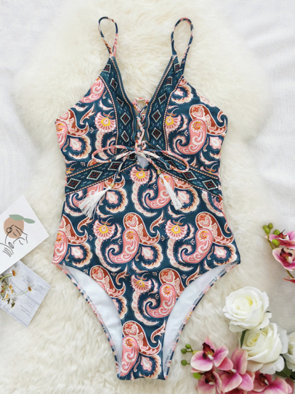 New deep V strappy one-piece swimsuit cashew flower print triangle one-piece swimsuit-chiquechics