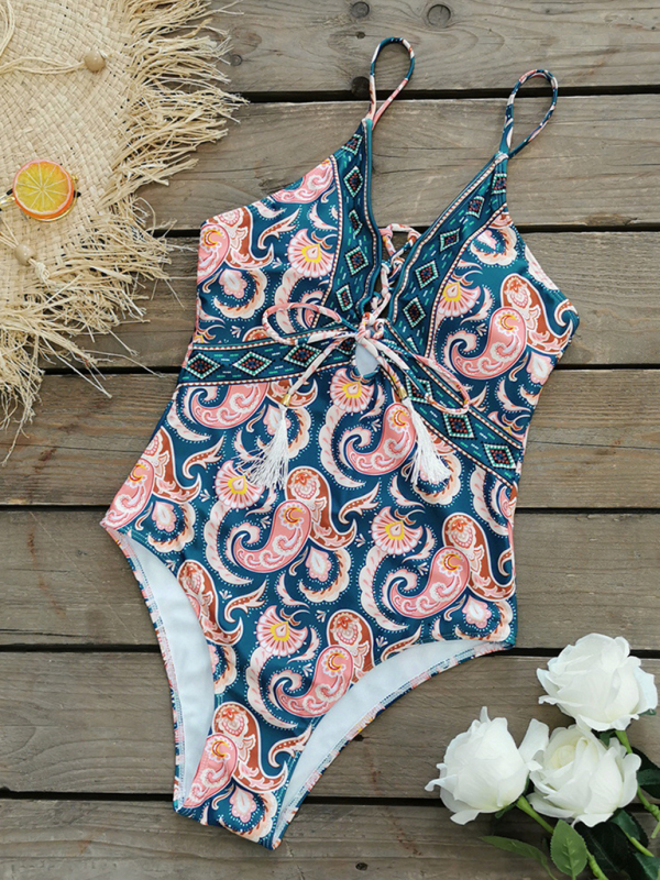 New deep V strappy one-piece swimsuit cashew flower print triangle one-piece swimsuit-chiquechics
