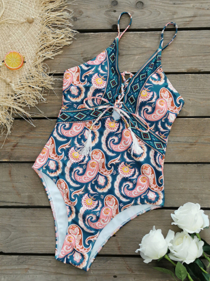 New deep V strappy one-piece swimsuit cashew flower print triangle one-piece swimsuit-chiquechics