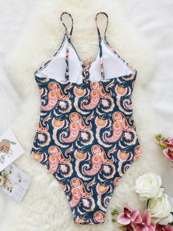 New deep V strappy one-piece swimsuit cashew flower print triangle one-piece swimsuit-chiquechics