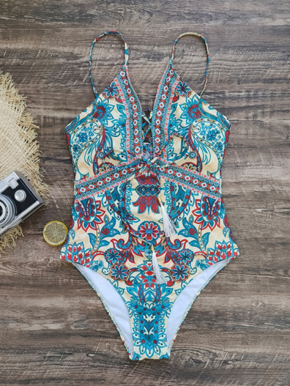 New deep V strappy one-piece swimsuit cashew flower print triangle one-piece swimsuit-chiquechics