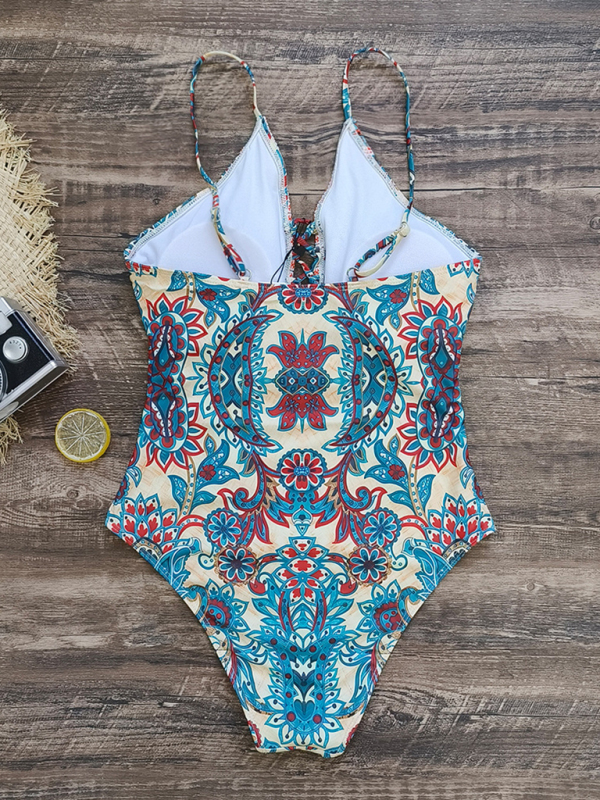 New deep V strappy one-piece swimsuit cashew flower print triangle one-piece swimsuit-chiquechics
